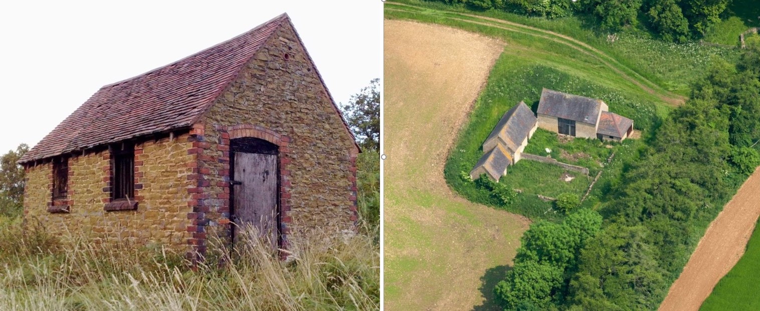 A small, isolated field barn, for grazing stock (historically cattle), dating to approximately 1830, at Pound Green Common in Upper Arley. One of a number of outfarms north of Kemerton, incorporating a threshing barn, animal housing and a yard for the collection of manure © English Heritage NMR 27767_010