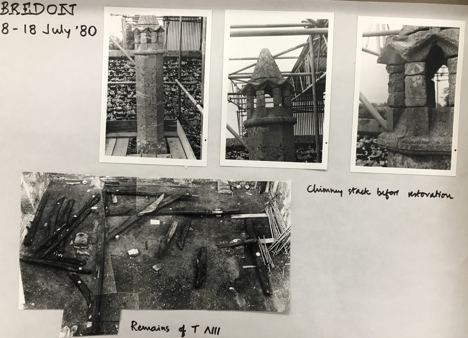 Photographs dated 8 – 18th July 1980, of the medieval stone chimney with conical roof and charred timbers laid out on the floor