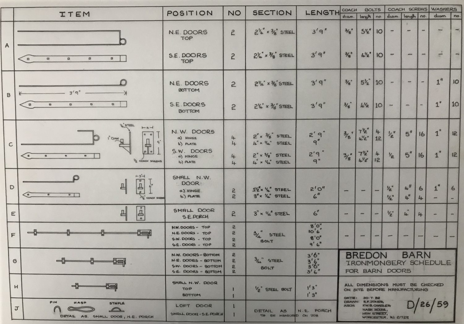 The Ironmongery schedule for the barn's doors dated 30th July, 1982