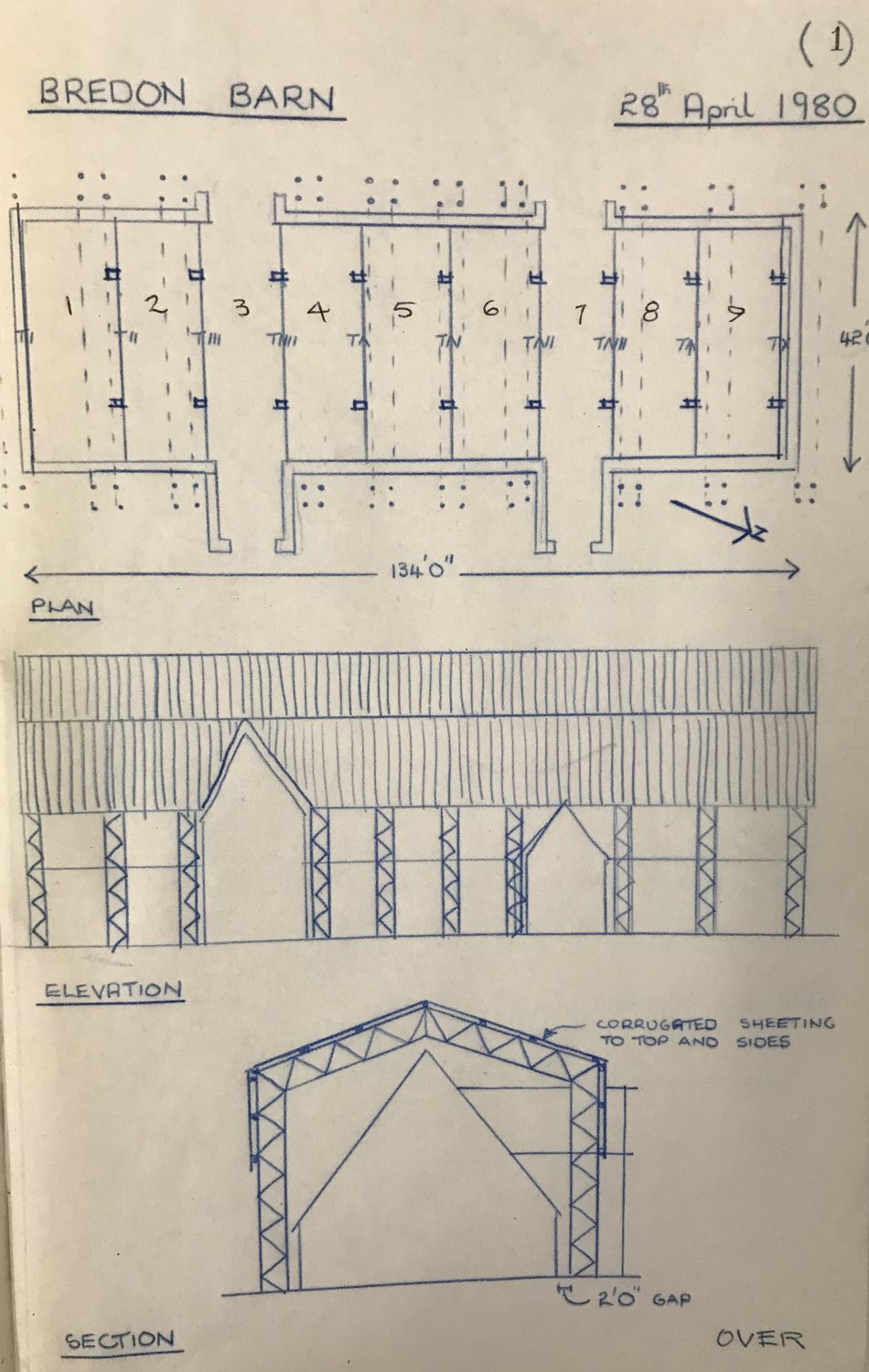 Pen drawings of the barn, and its 9 bays, from Freddie's project work book; entry dated 28th April 1980