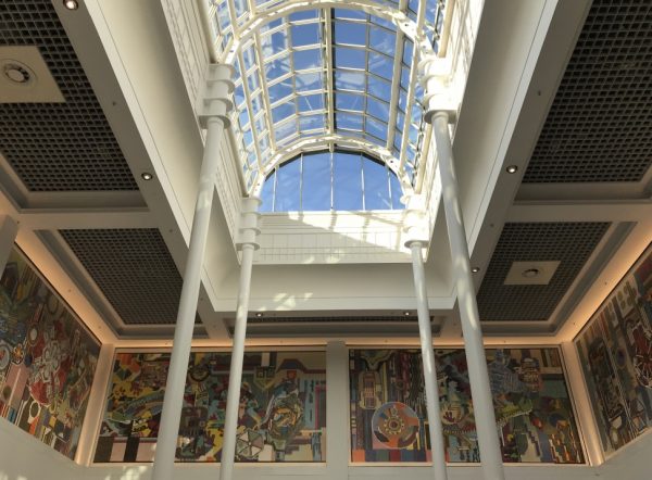 The Paolozzi Mosaic Murals in the Kingfisher Shopping Centre in Redditch were commissioned as part of the 'Arts in Public Places' scheme. Funded by the Redditch Development Corporation, Needles Industry Group and the Arts Council of Great Britain the mosaics, which were unveiled on 19th April 1983, reflect the history of local industries. Photograph ©Worcestershire Archive and Archaeology Service.