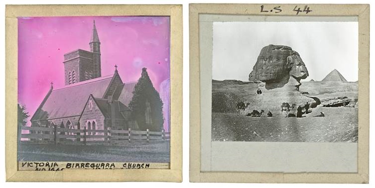 Two square slides of stone church and sphinx