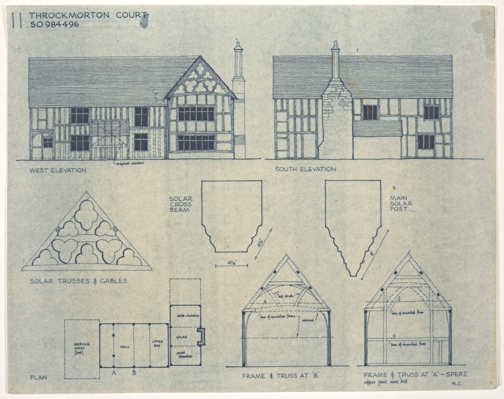 Digitised original drawings of elevations and internal details of Throckmorton Court by Mary Charles, used in their publication ‘Conservation of Timber Buildings’ (CA_BA12857-13-1_01) © Worcestershire County Council: Charles Archive Collection