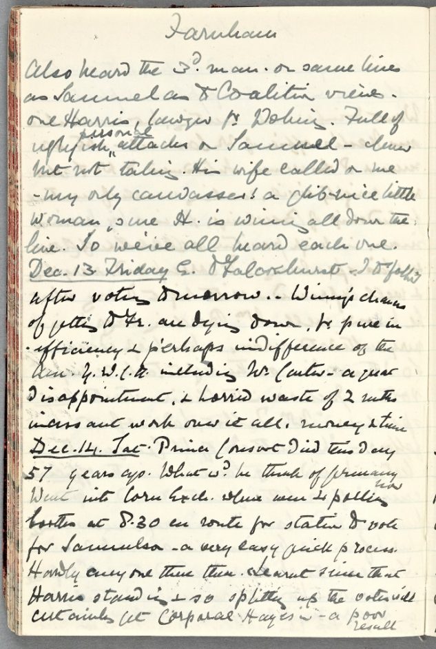 Page from Lavinia Talbot's diary recording her being able to vote for the first time