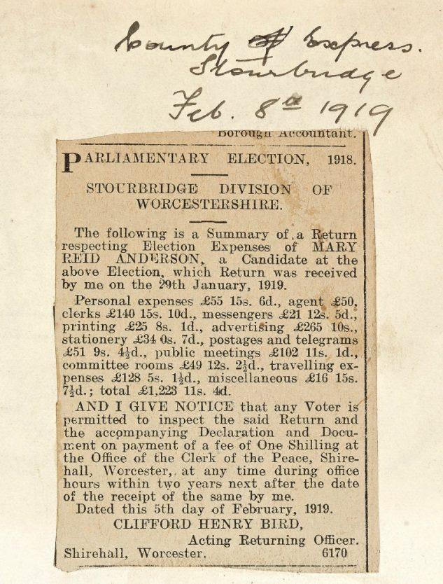 Newscutting re election expenses of Mary Reid Anderson 1919