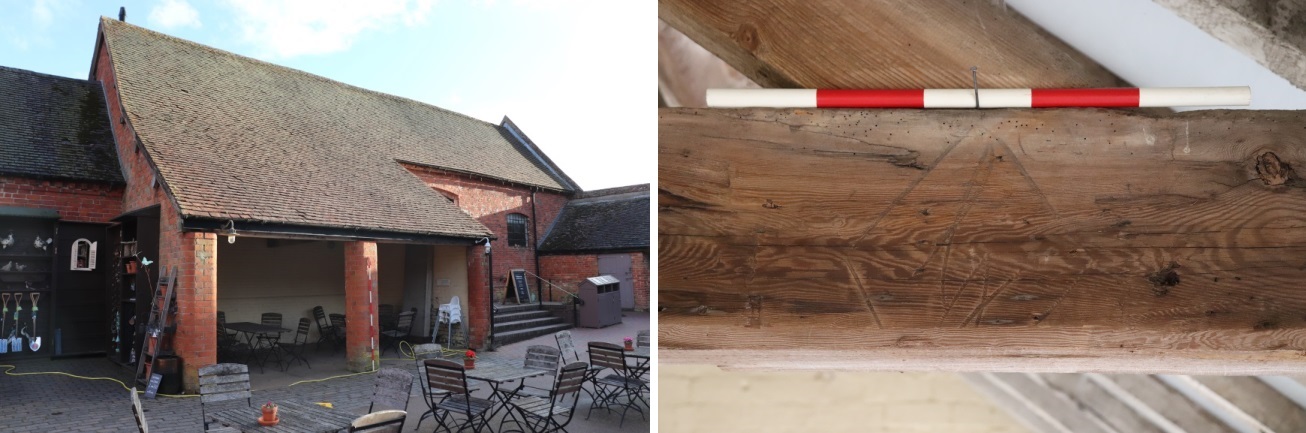 Brick shed & timber marks within