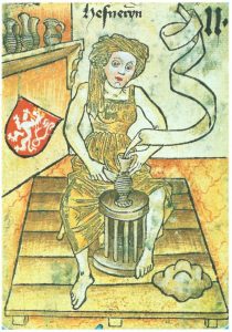 Woman at a potter's wheel on 15th century playing card