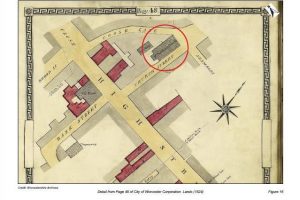 St Swithun’s shown in a plan of property in 1824 from Worcester City Archives