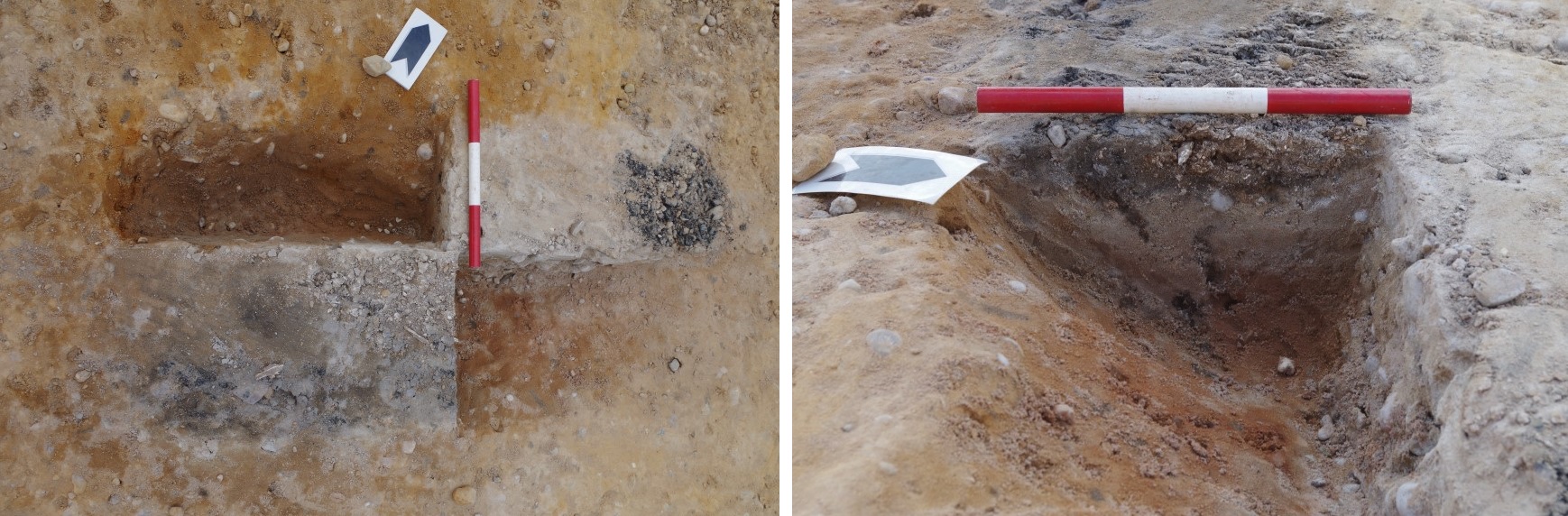 Two photos of excavated cremation deposit