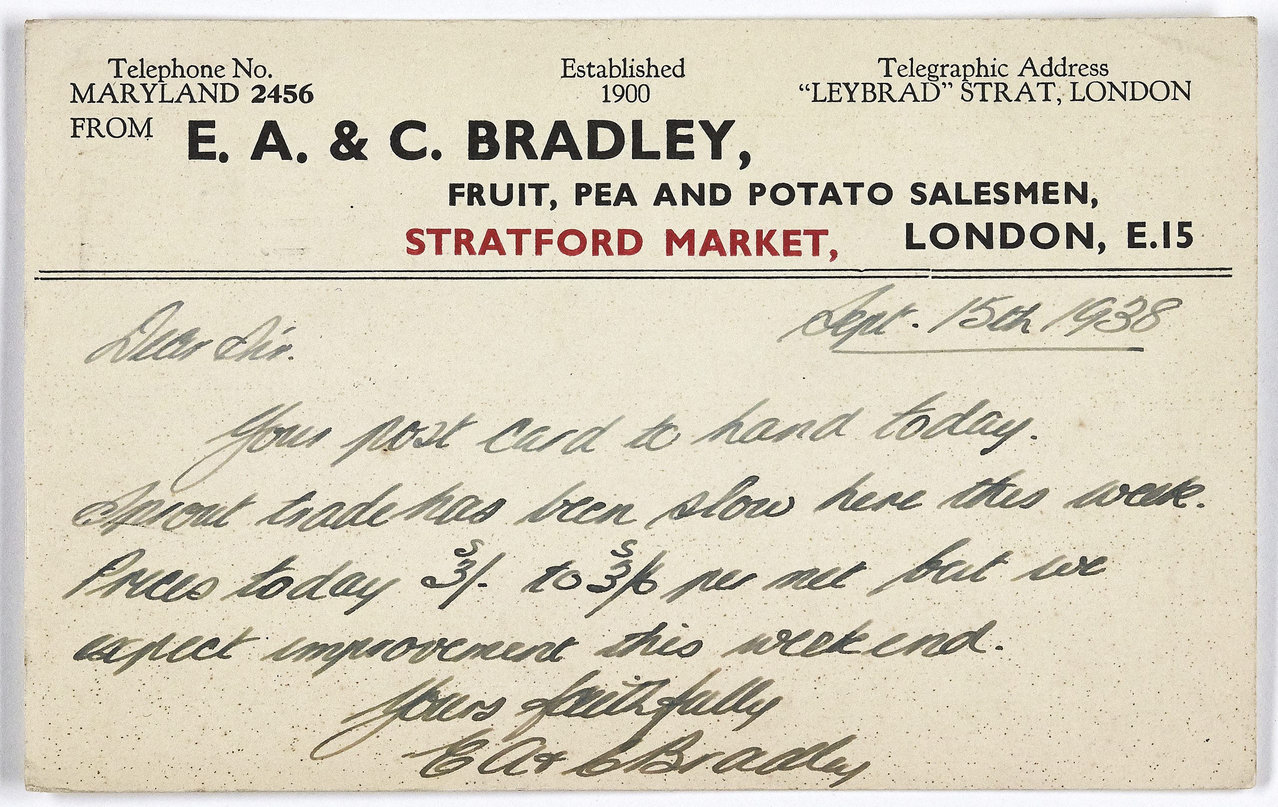 Handwritten postcard of sprout prices