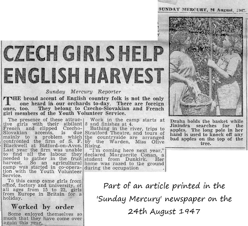 1947 news article 'Czech girls help English harvest'