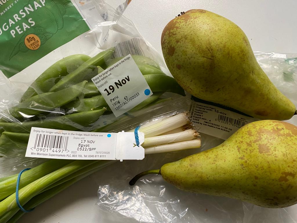 Imported pears, spring onions and peas