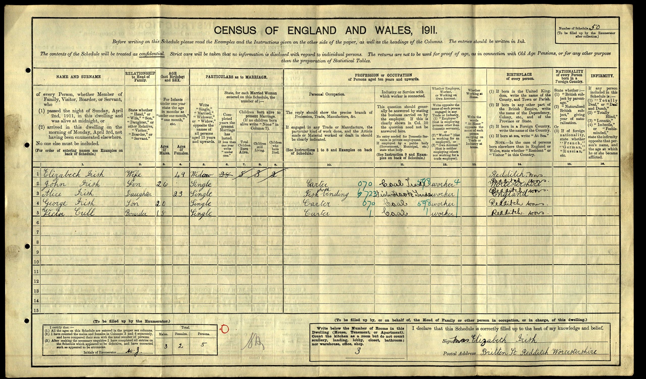 1911 census return for George Irish © Crown copyright courtesy of The National Archives