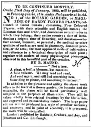 Advert for The Botanic Garden in the Berrows Worcester Journal on 25 Nov 1824