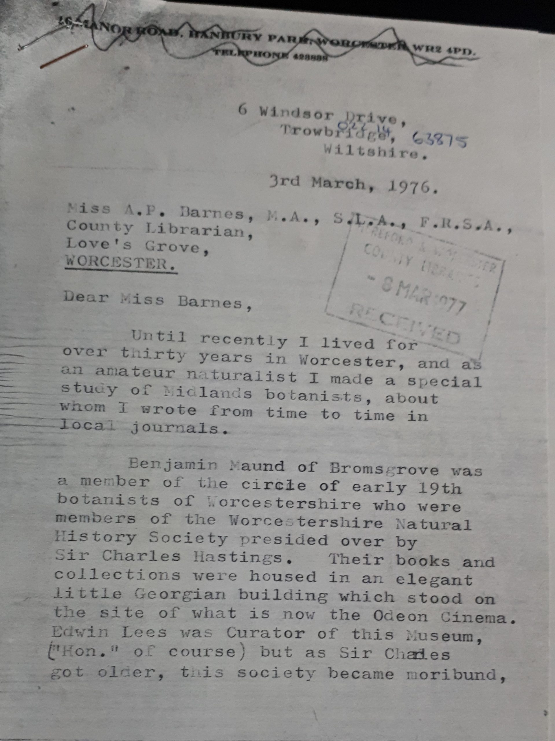 First page of the letter of Mrs Mary Jones to the County Librarian dated 3rd March 1976