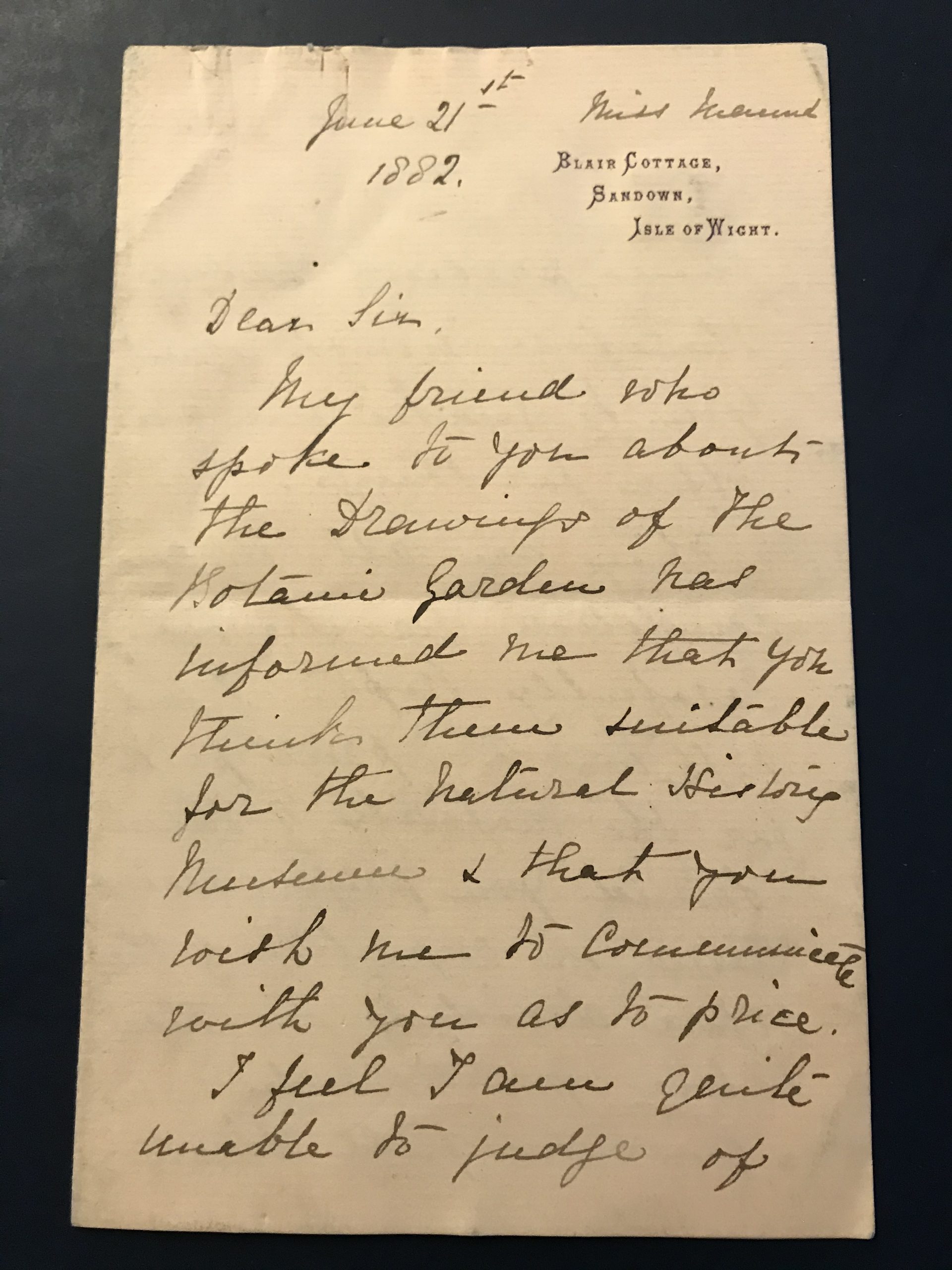 Letter from Sarah Maund dated June 21st 1882 to the Keeper of Botanical Dept. at the Natural History Museum