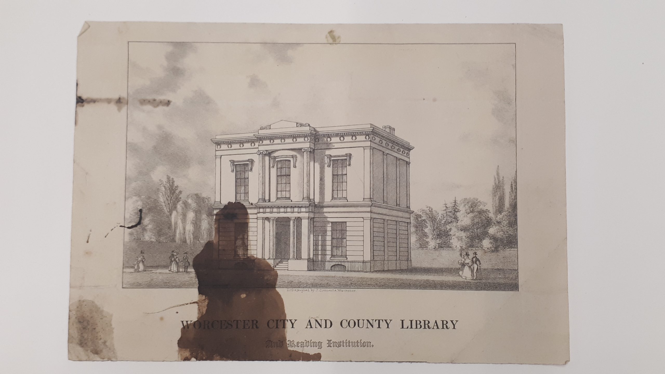 Lithograph of Worcester City Library & home of Worcestershire Literary & Scientific Institute founded on 12th January 1829 