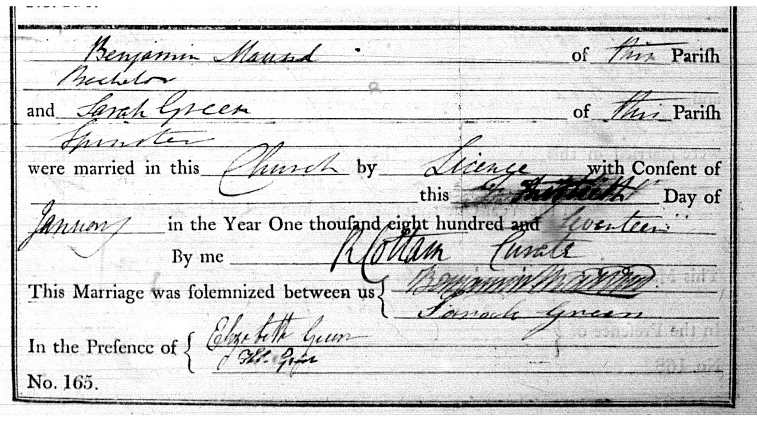 Marriage entry of Benjamin Maund, to Sarah Green, Bromsgrove St. John 13th January, 1817 