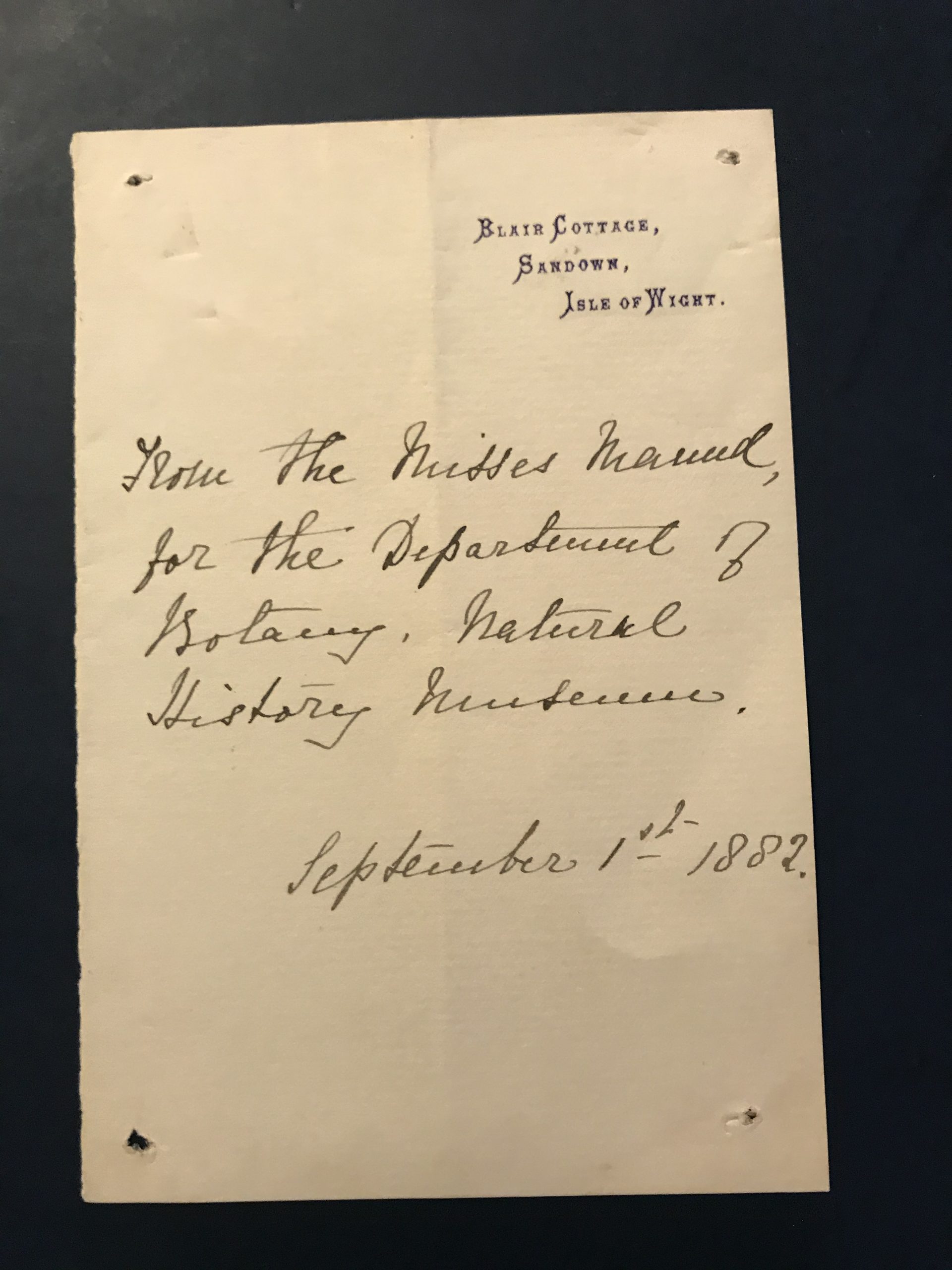 Note from Sarah Maund referring to The Misses Maund to the Keeper of Botanical Dept., Natural History Museum, September 2nd, 1882