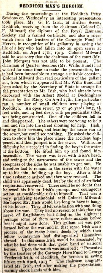 Redditch Indicator 1915: Article in the Redditch Indicator relating to George Irish’s award for heroism from the Carnegie Trust given at the Redditch Petty Sessions in 1915.