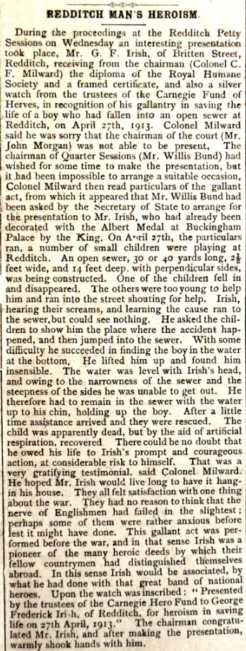 Redditch Indicator 1915: Article in the Redditch Indicator relating to George Irish’s award for heroism from the Carnegie Trust given at the Redditch Petty Sessions in 1915.