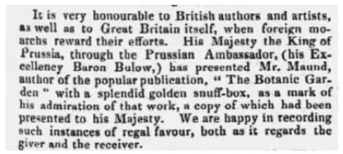 Reference to Maund being given a Golden Snuff-Box by the King of Prussia in The Bury and Norwich Post, 1834-03-12