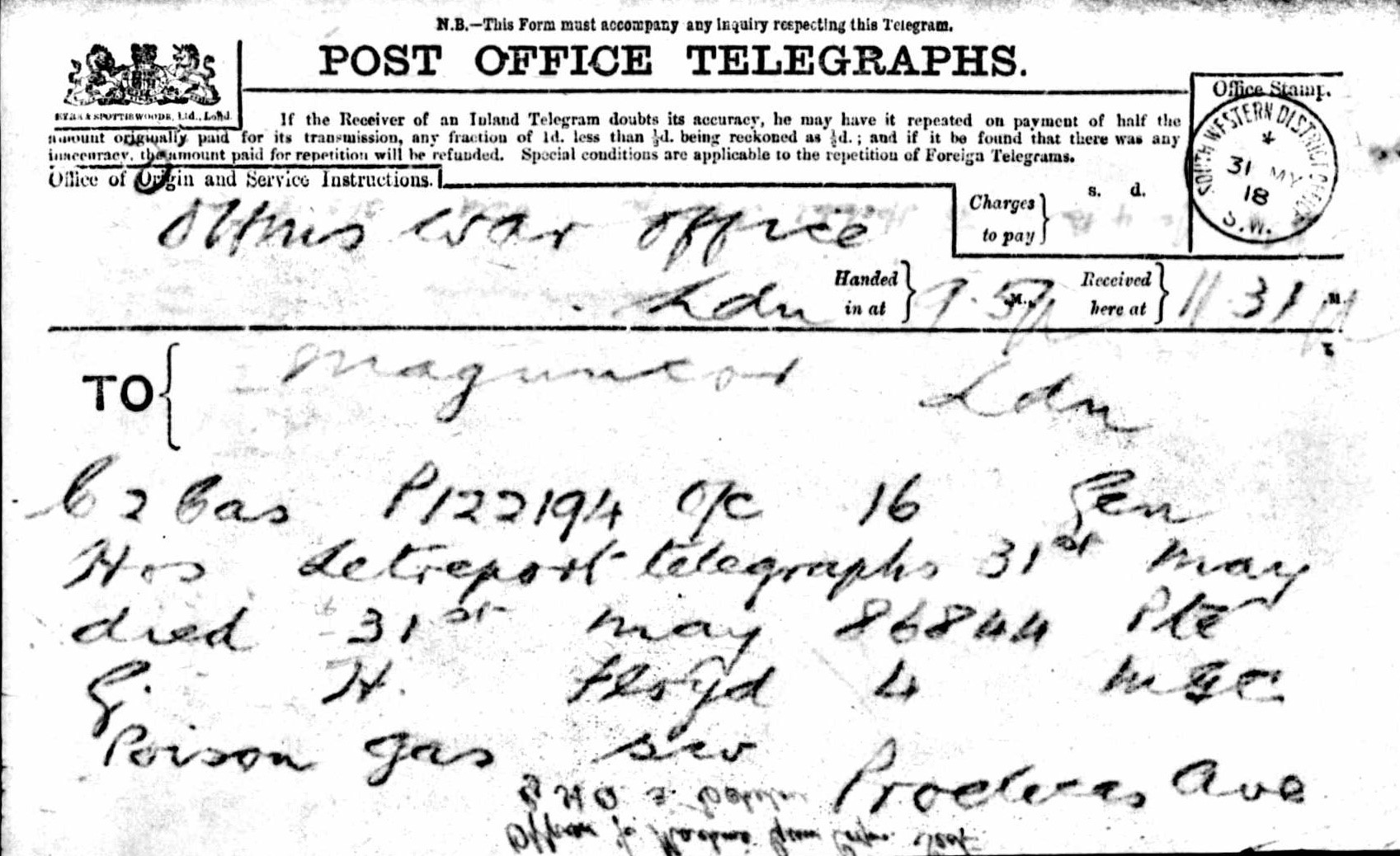 The National Archives, ref. WO363 Telegram on the death of G.H. Floyd. After being refused exemption from conscription, the telegram you did not want to get.