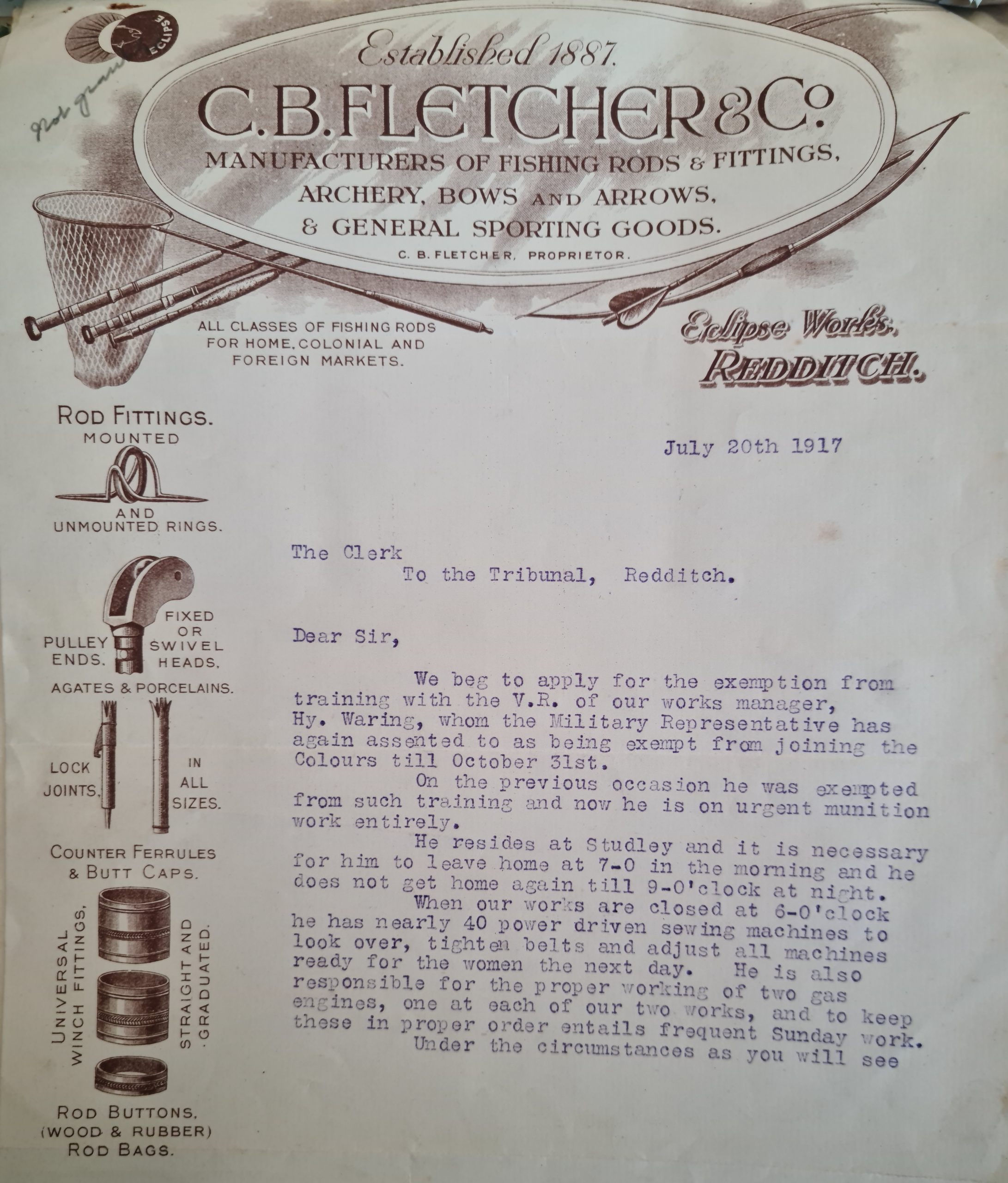 Worcestershire Archive and Archaeology Service BA10917/33(i)/1: Letter dated July 20, 1917