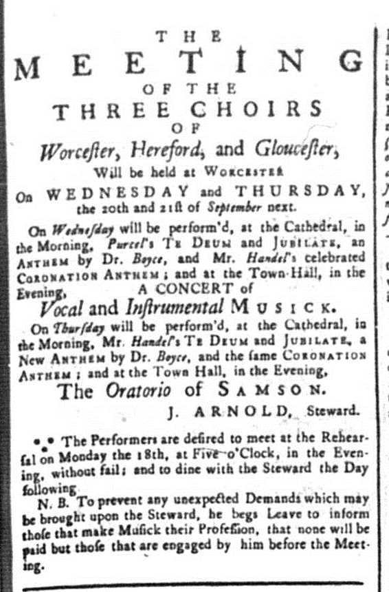 Advert for 3 Choirs Festival from Berrows Worcester Journal 1752