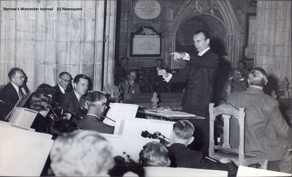 Sir Malcolm Sargent conducting at Three Choirs festival in Worcester Cathedral in 1957