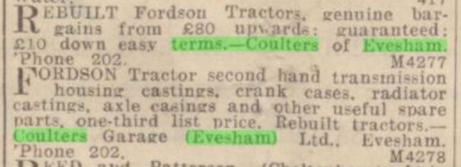 advert for a tractor from Coulter's of Evesham