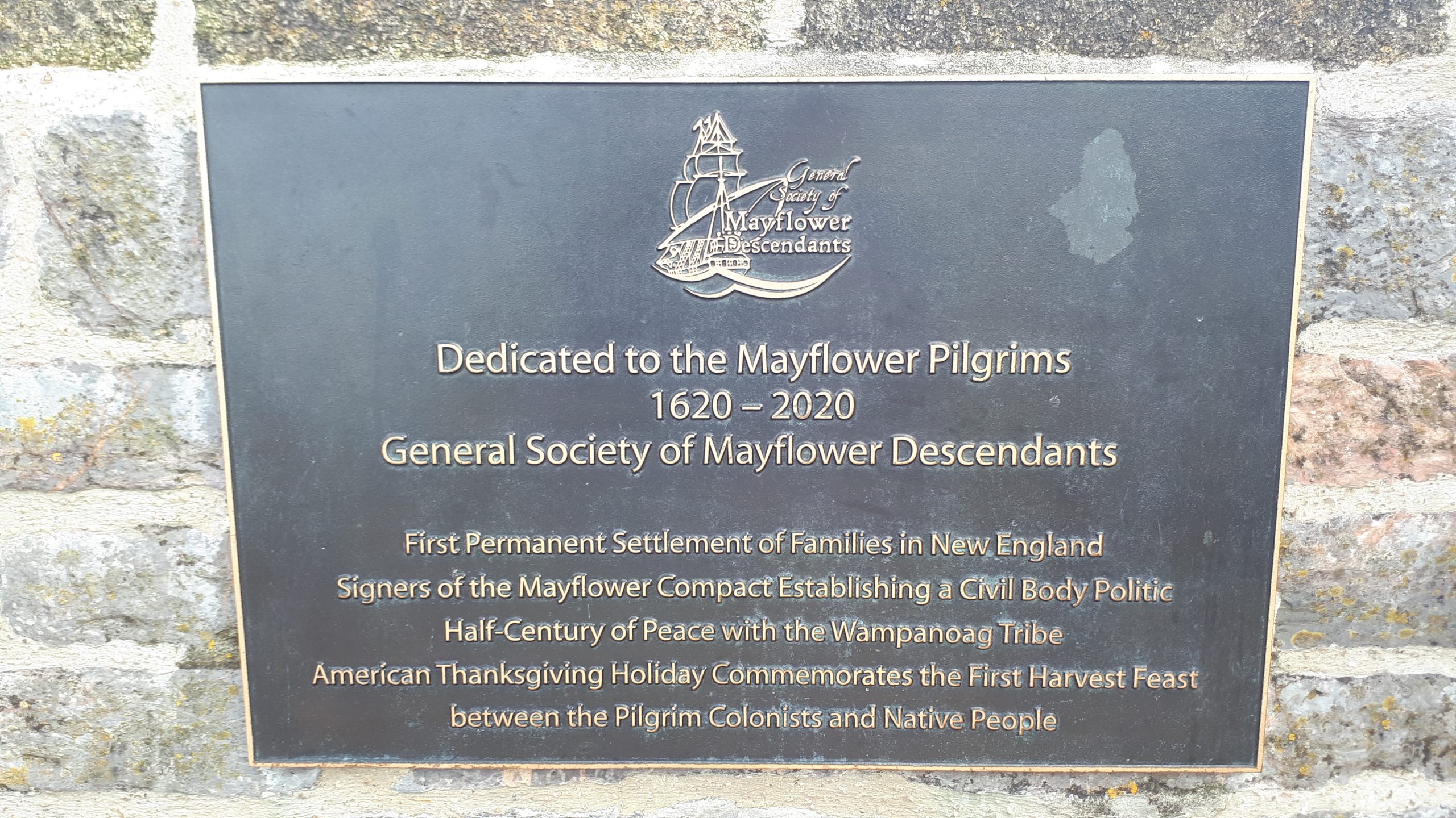 A plaque installed by the General Society of Mayflower Descendants at The Mayflower Steps, Plymouth for the 400th Anniversary