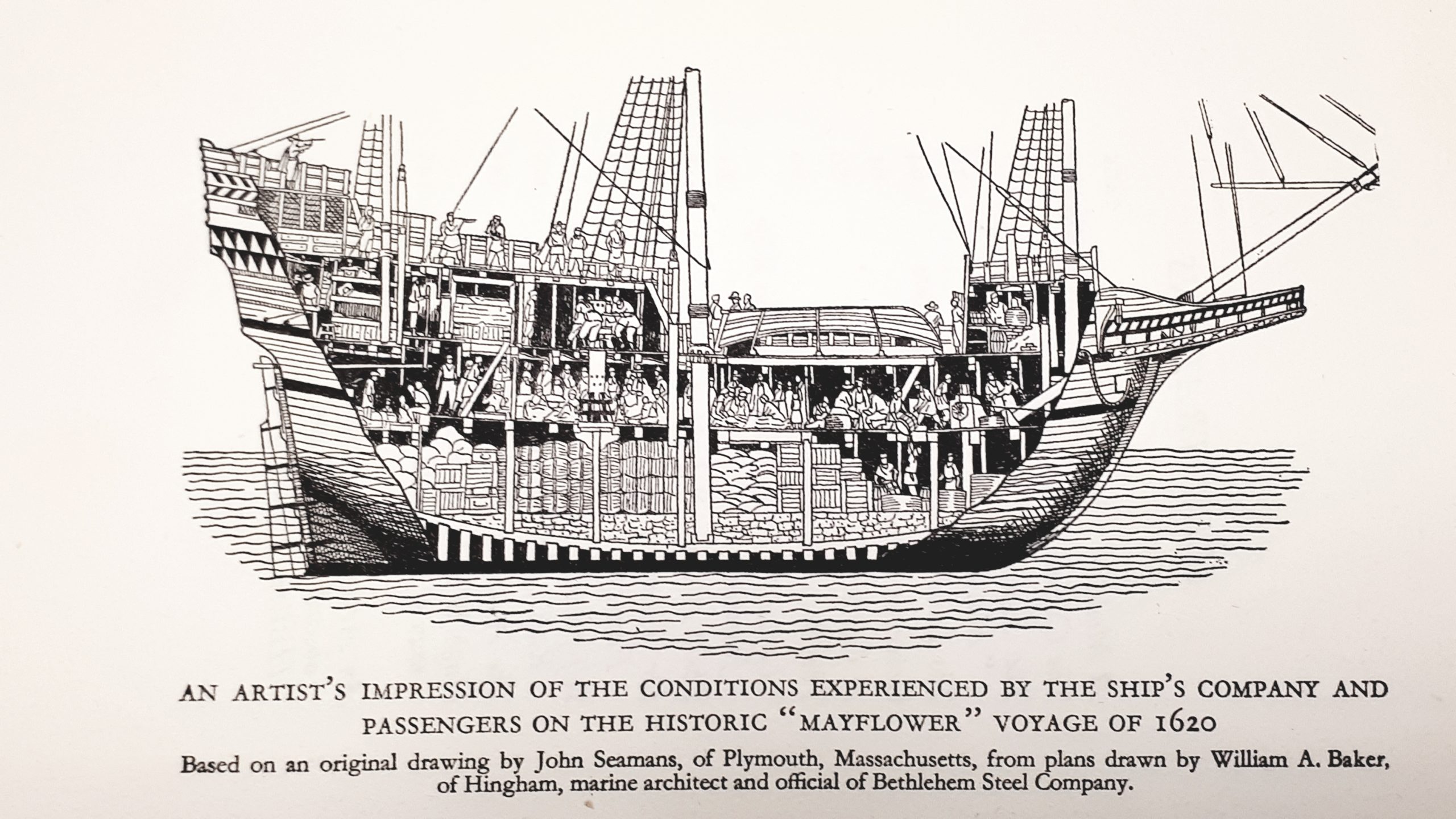 An artists’s impression of the conditions experienced by the ship’s company and passengers on the historic “Mayflower” Voyage of 1620 © D. Kenelm Winslow, 1957