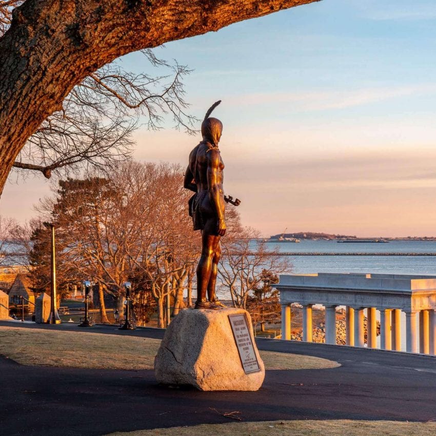 Massasoit statue looking out over Plymouth, MA © See Plymouth Massachusetts