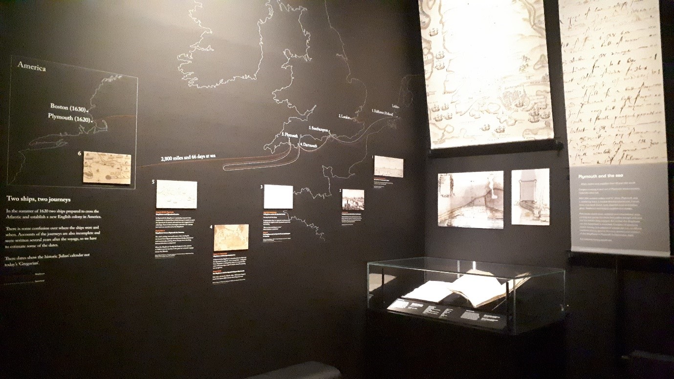 A display of the journeys made by Speedwell and Mayflower in Mayflower 400 Legend and Legacy © The Box, Plymouth