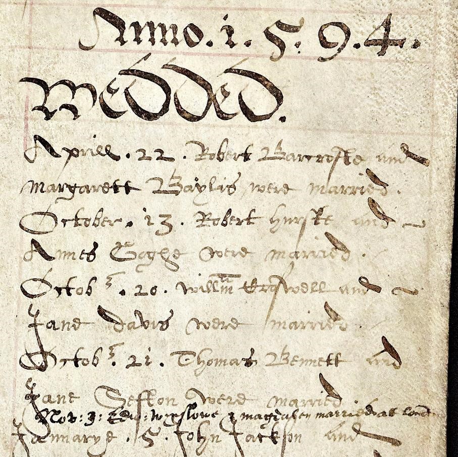 Marriage entry for Edward Wynslow & Magdalen Ollyver, Droitwich St. Peter, Nov 3 1594 Ref b850 BA5476 Vol 1a (i) © WAAS