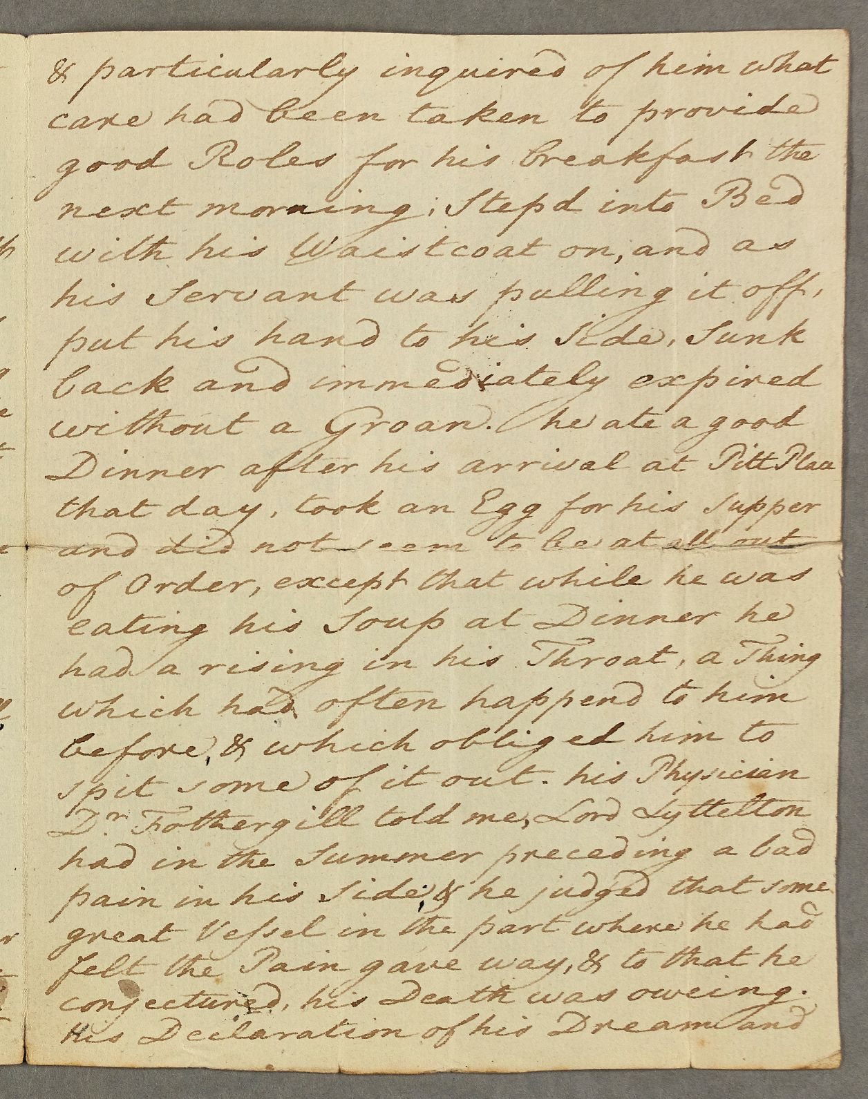 Page from Lord Westcote’s account describing Lord Lyttelton’s demise