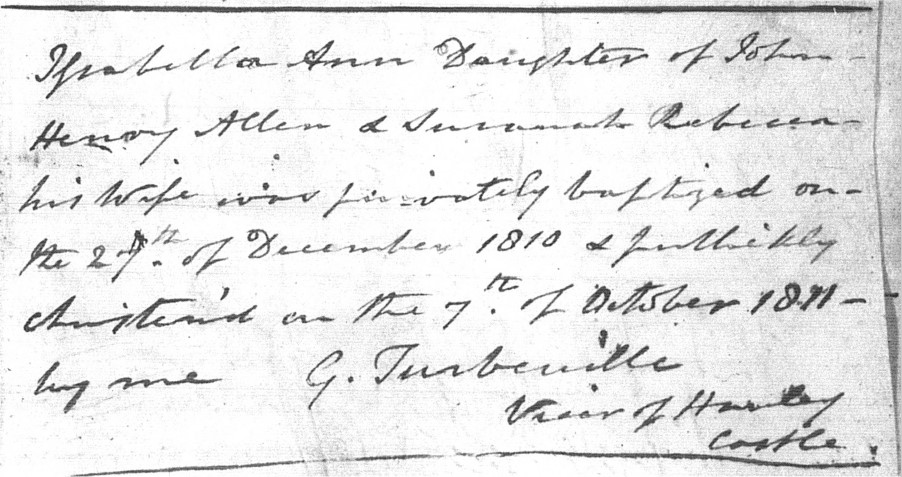 Baptism record of Isabella Anne Allen, Madresfield Ref 850 Madresfield, 1810 © WAAS