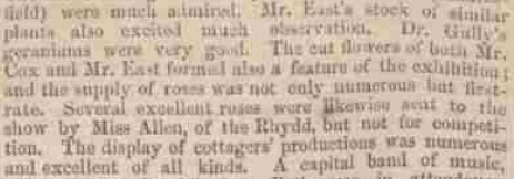 Newspaper report referring to 'Roses sent to Malvern show by Miss Allen' Worcestershire Chronicle, 4th July 1860
