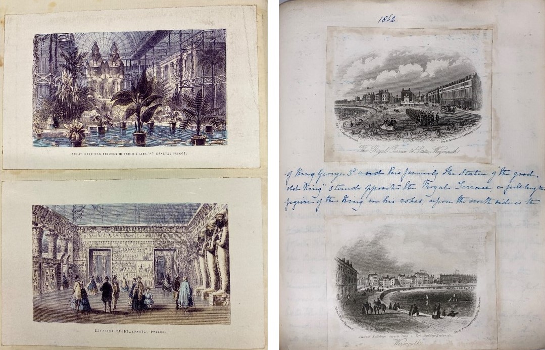 Two coloured prints depicting rooms of The Crystal Palace, 1862; Two prints depicting Weymouth, 1862