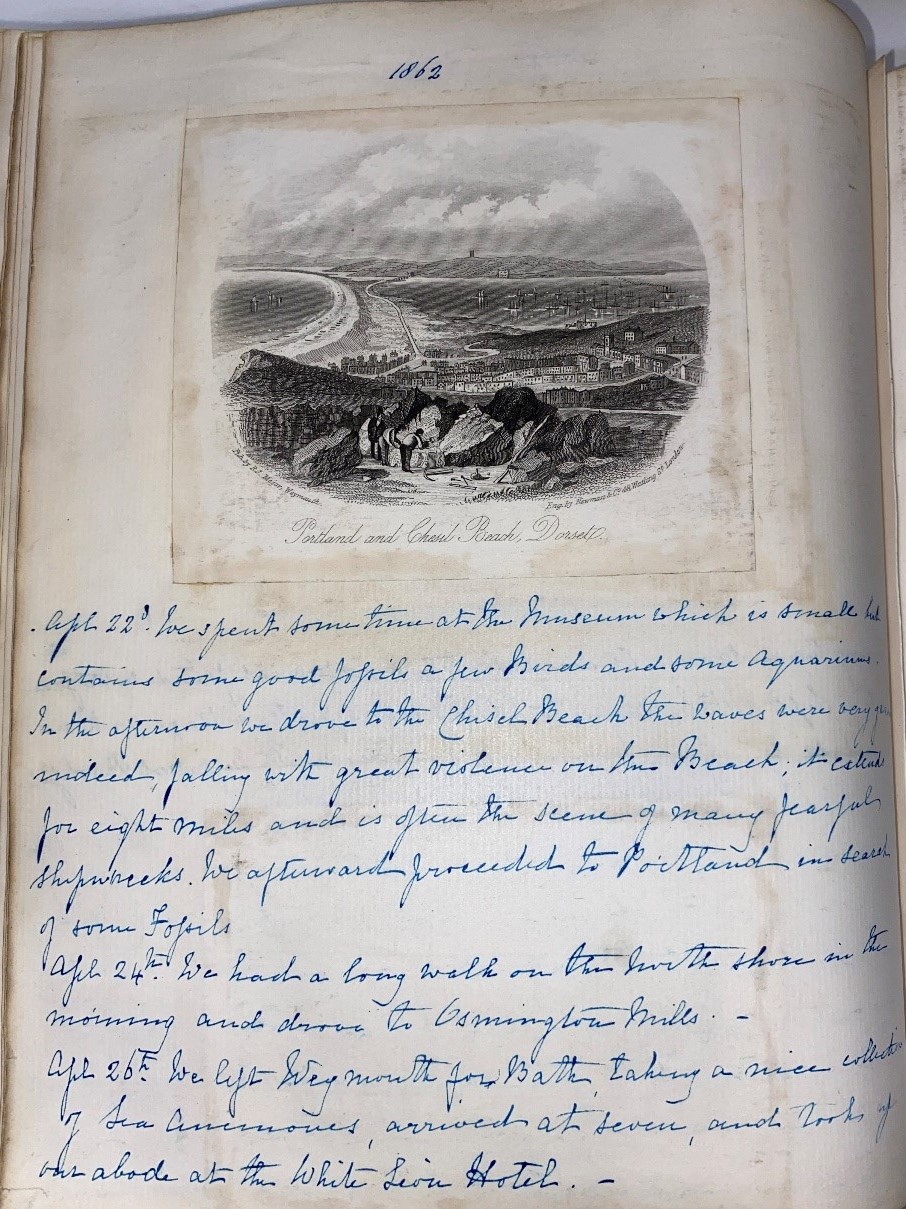 Page on which Molineux discusses Chesil Beach and includes a pasted image of such, 1862