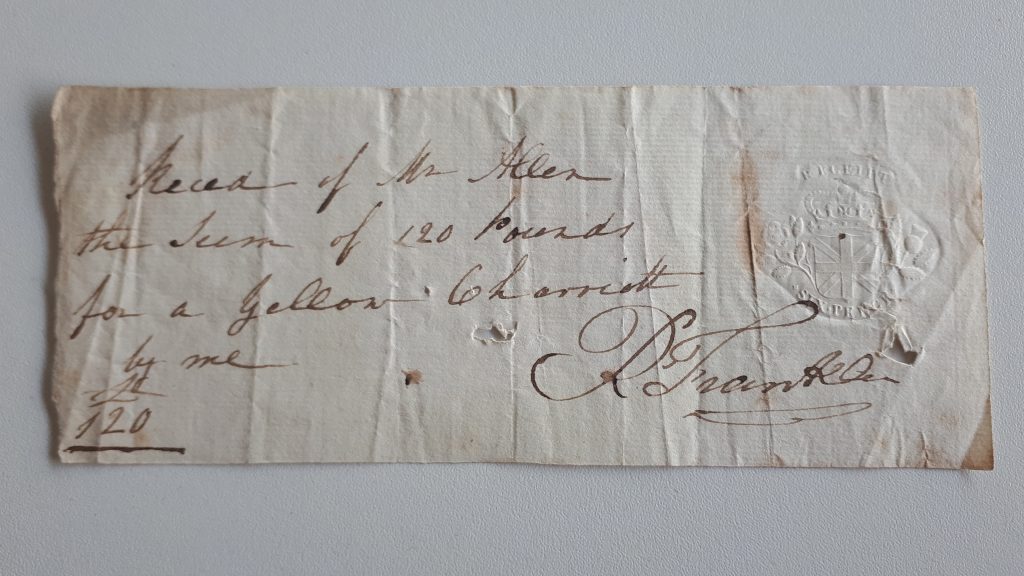 Receipt of Mr. Allen the sum of 120 pounds for a yellow Chariott by R. Franklin Ref 899.795 BA9276.6.1© WAAS