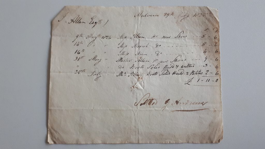 J. H. Allen Esq. Expenses for new shoes Malvern 29th July 1825 Ref 899.975 9276.(i) 4 © WAAS