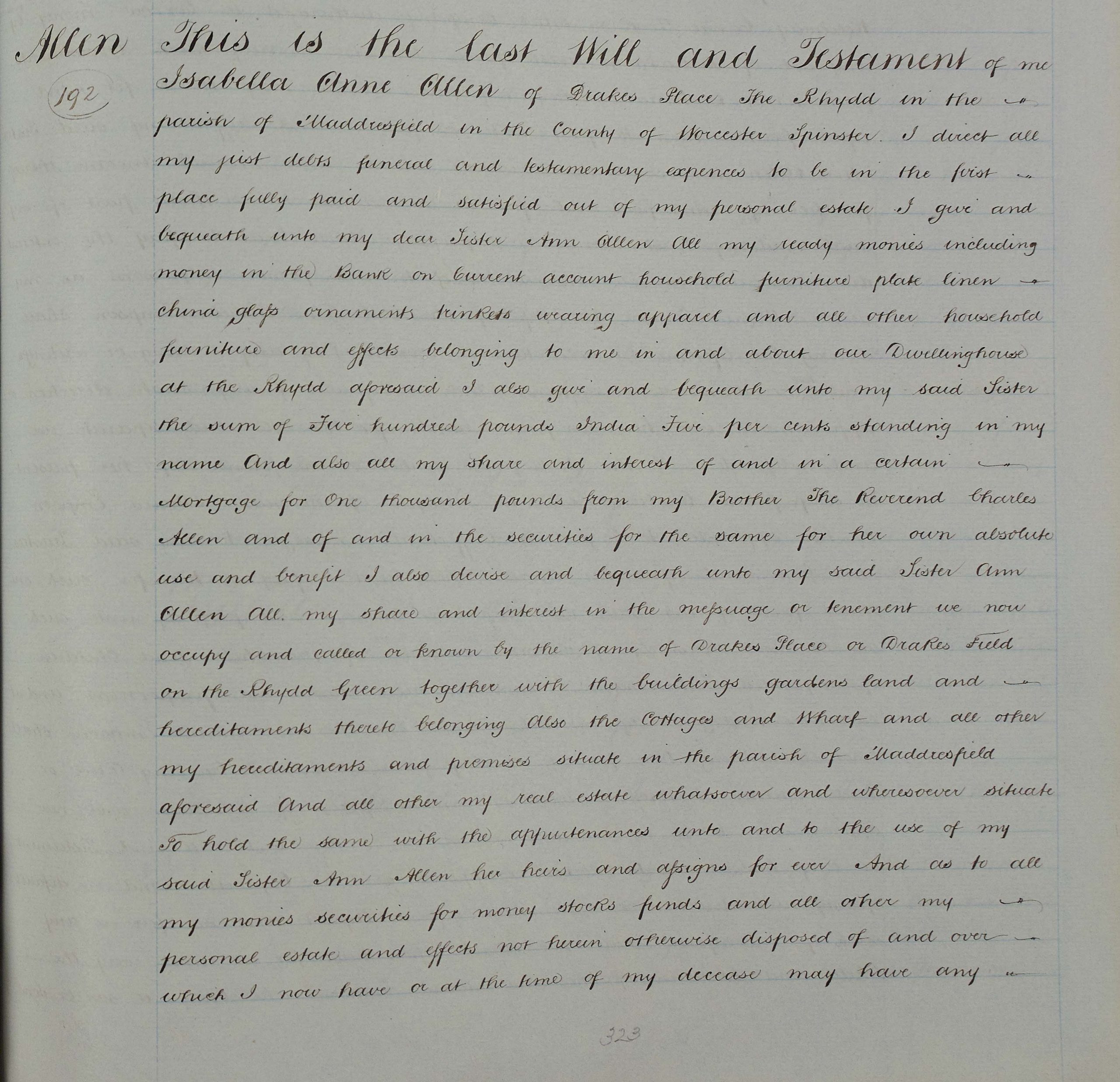 Will of Isabella Anne Allen, 1865, Ref: 008.7 BA3689 VOL 4 pp323 © WAAS