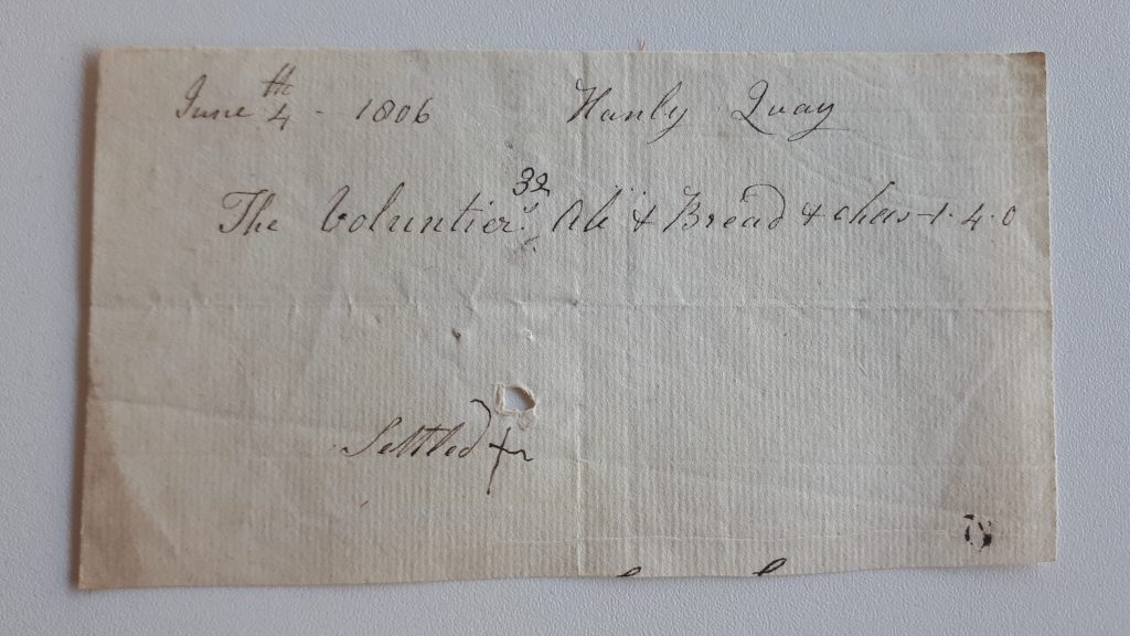 Receipt entitled ‘The Voluntiers ‘32’ [Hanly Quay] ale, bread, and chees[e] – 1.4.0’ [Hanley Castle] Ref 899.975 9276.6(ii) © WAAS
