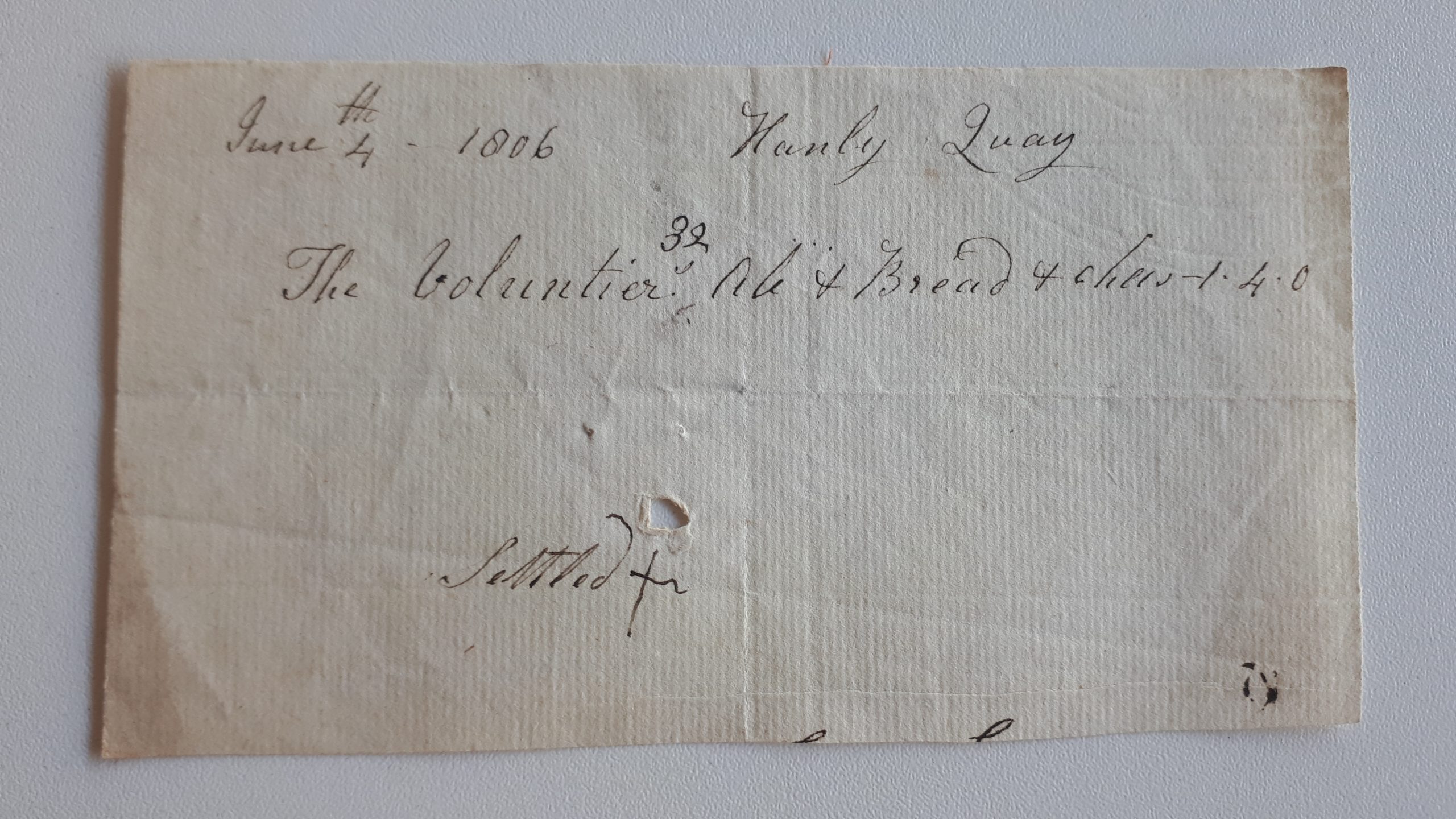 Receipt entitled ‘The Voluntiers ‘32’ [Hanly Quay] ale, bread, and chees[e] – 1.4.0’ [Hanley Castle] Ref 899.975 9276.6(ii) © WAAS