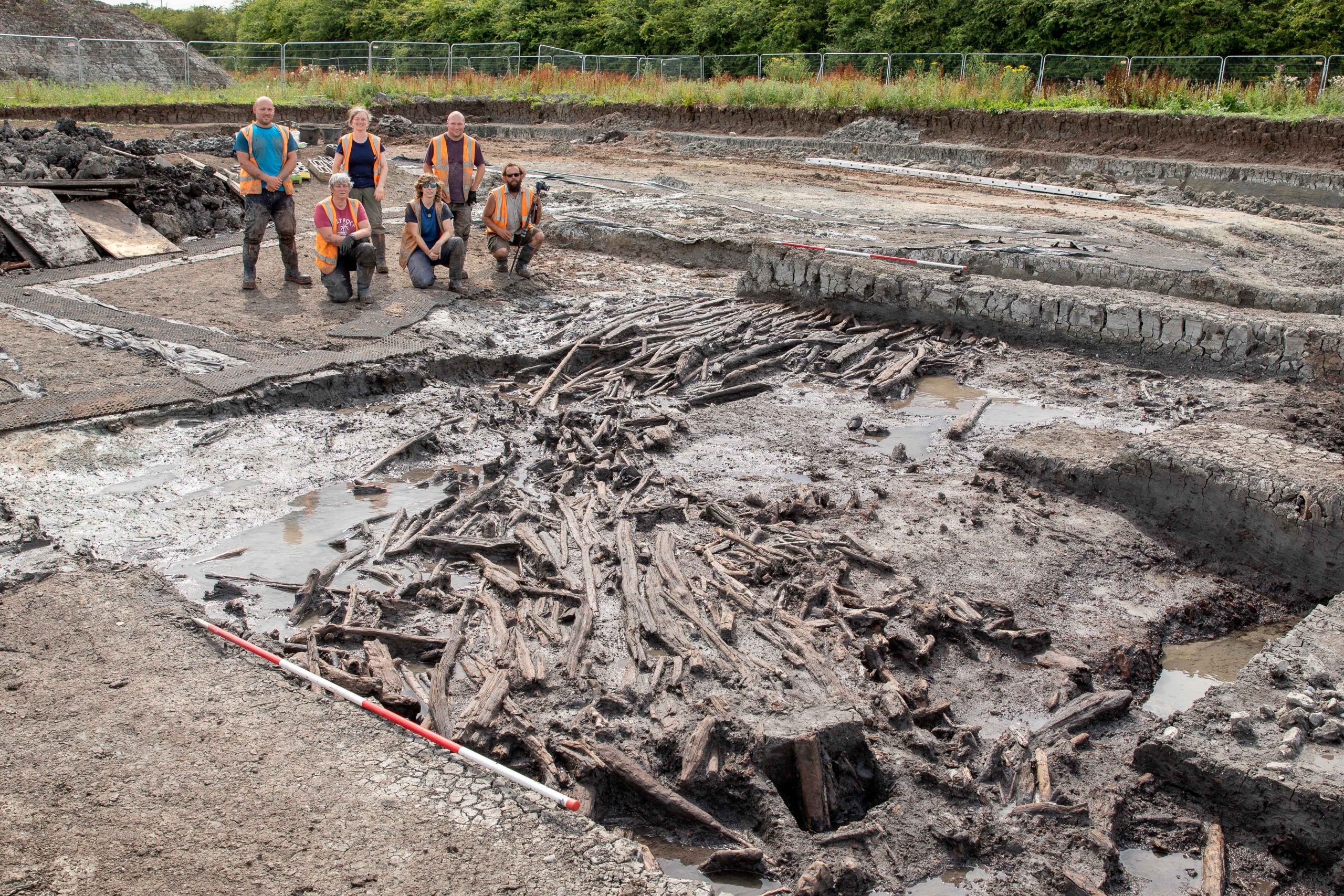 Excavation team by exposed wooden trackway