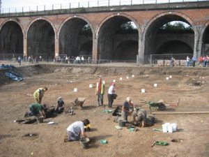 Photo of volunteers working at the hive dig site