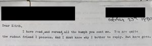 Picture of a letter heading saying "I have read and reread, all the bumph you sent me. You are quite the rudest friend I possess. And I dont know why I bother to reply. But here goes."