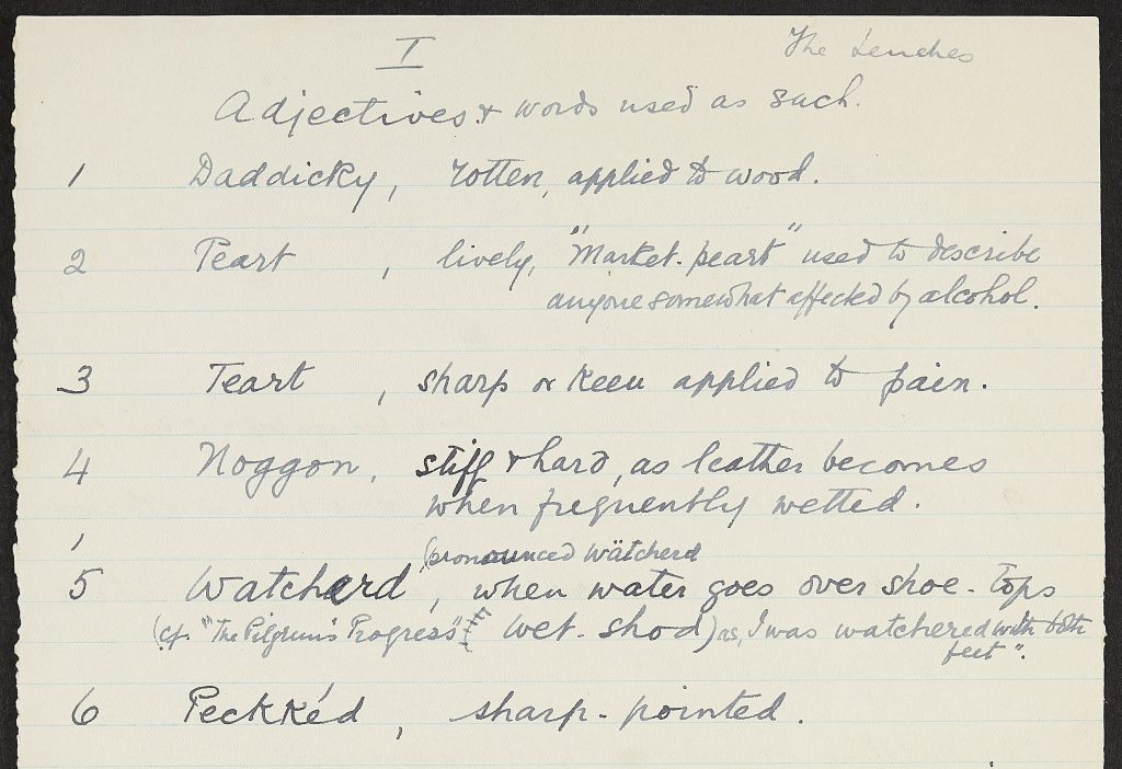 List of adjectives taken from the papers of Frances Bomford at Finding No: 899:276 BA13866